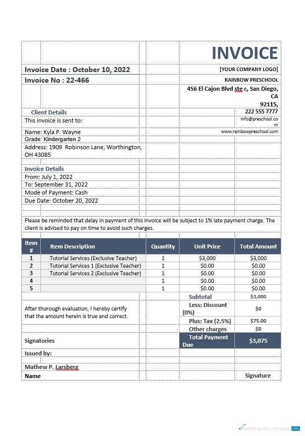 Download School Teacher Invoice Template Photoshop template